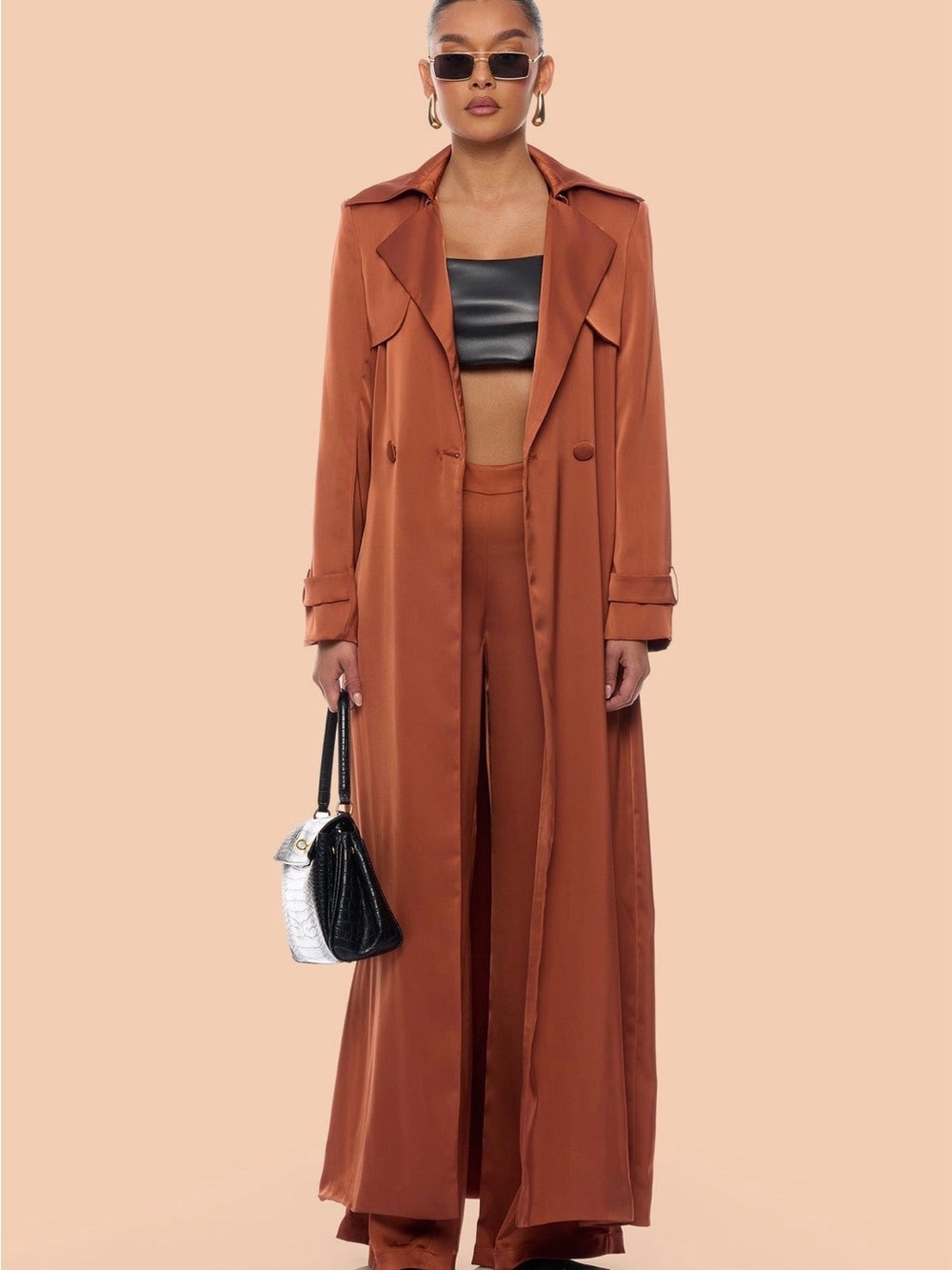 Fashion Nova Women's Rust Satin Duster Trench Coat & Pants